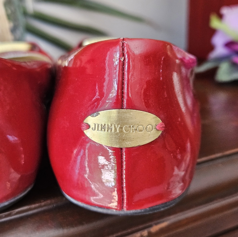 Jimmy Choo Glossy Patent Leather Red Flats with Gold Accents - Size 38.5 - Picture 13 of 15